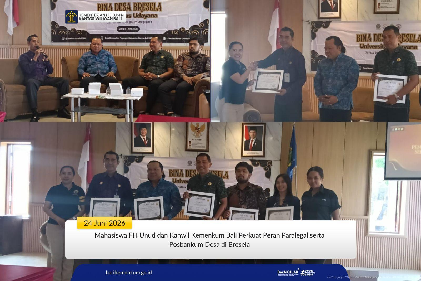Mahasiswa FH Unud dan Kanwil Kemenkum Bali Perkuat Peran Paralegal serta Posbankum Desa di Bresela